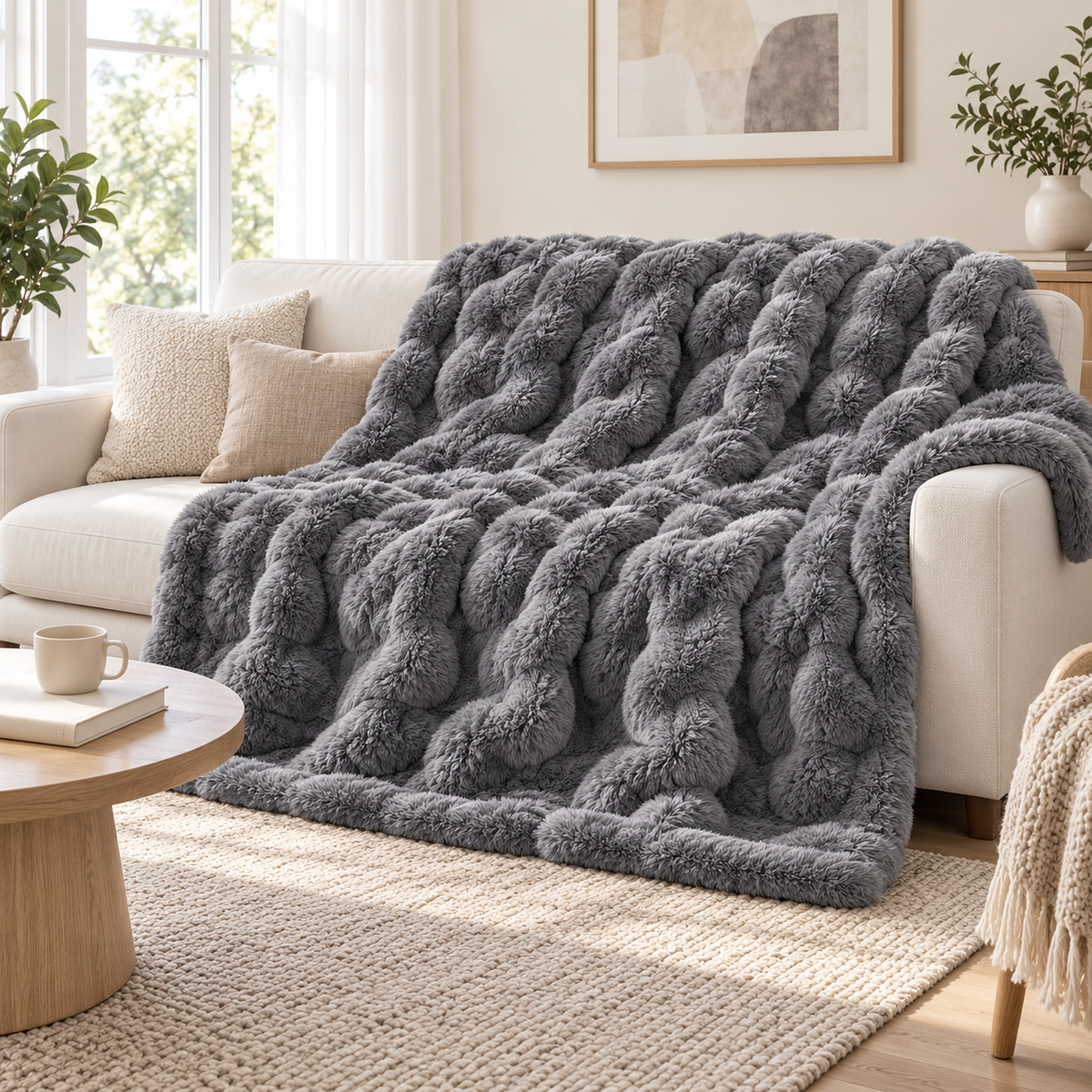 Tesovira coral fleece blanket in gray, a throw blanket opened over the back and seat of a sofa