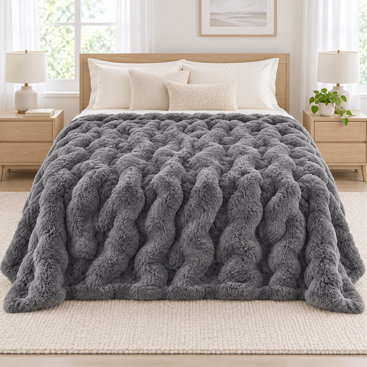 Tesovira coral fleece blanket in gray, an oversized throw blanket spread as the top layer on a made queen bed