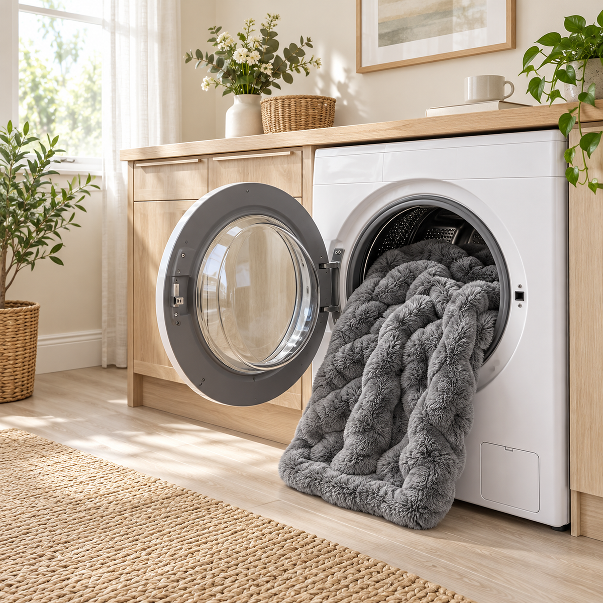 Tesovira coral fleece blanket in gray loosely loaded into an open washing machine, ready for a machine wash