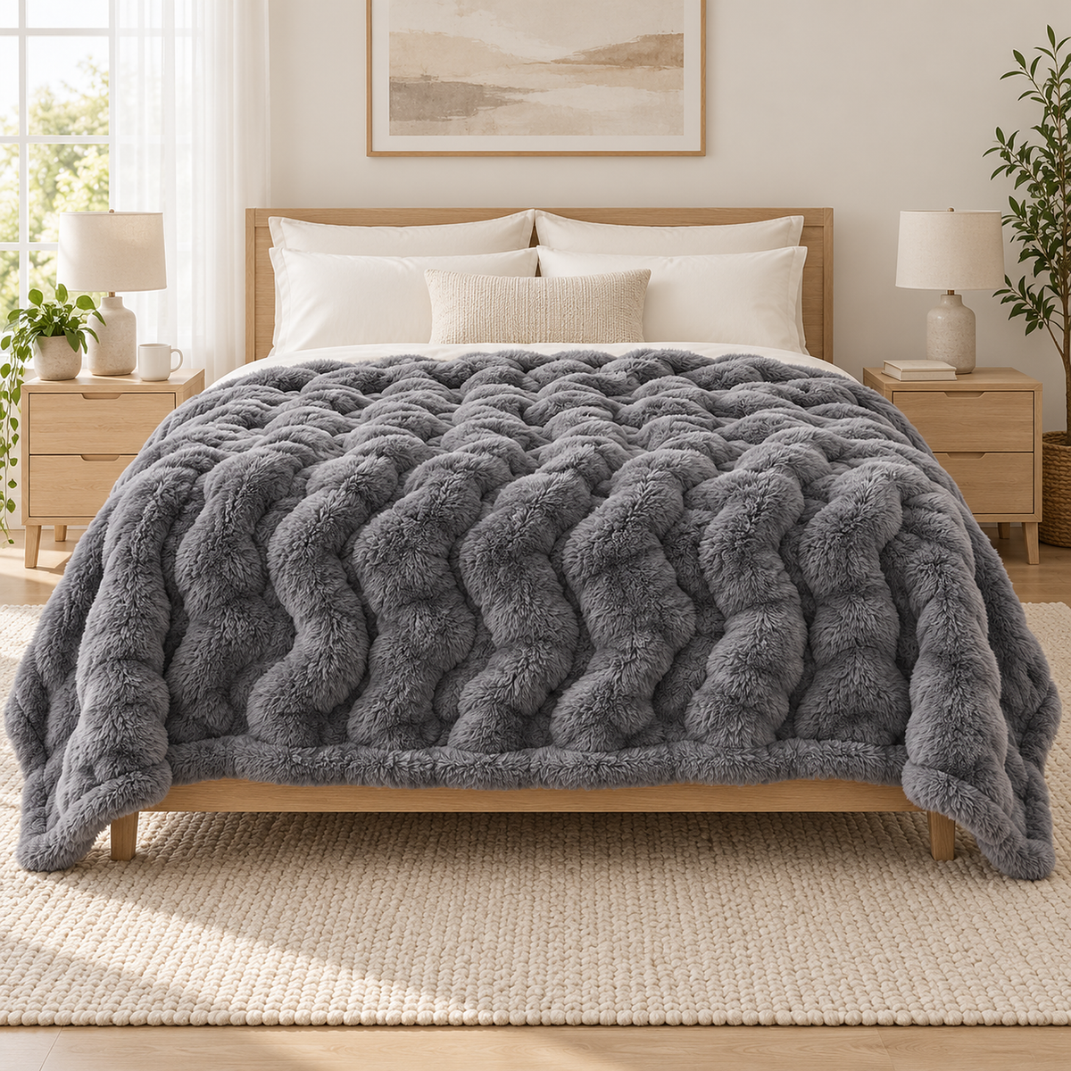 Tesovira coral fleece blanket in gray, oversized throw blanket with equal drops past both sides of a queen bed