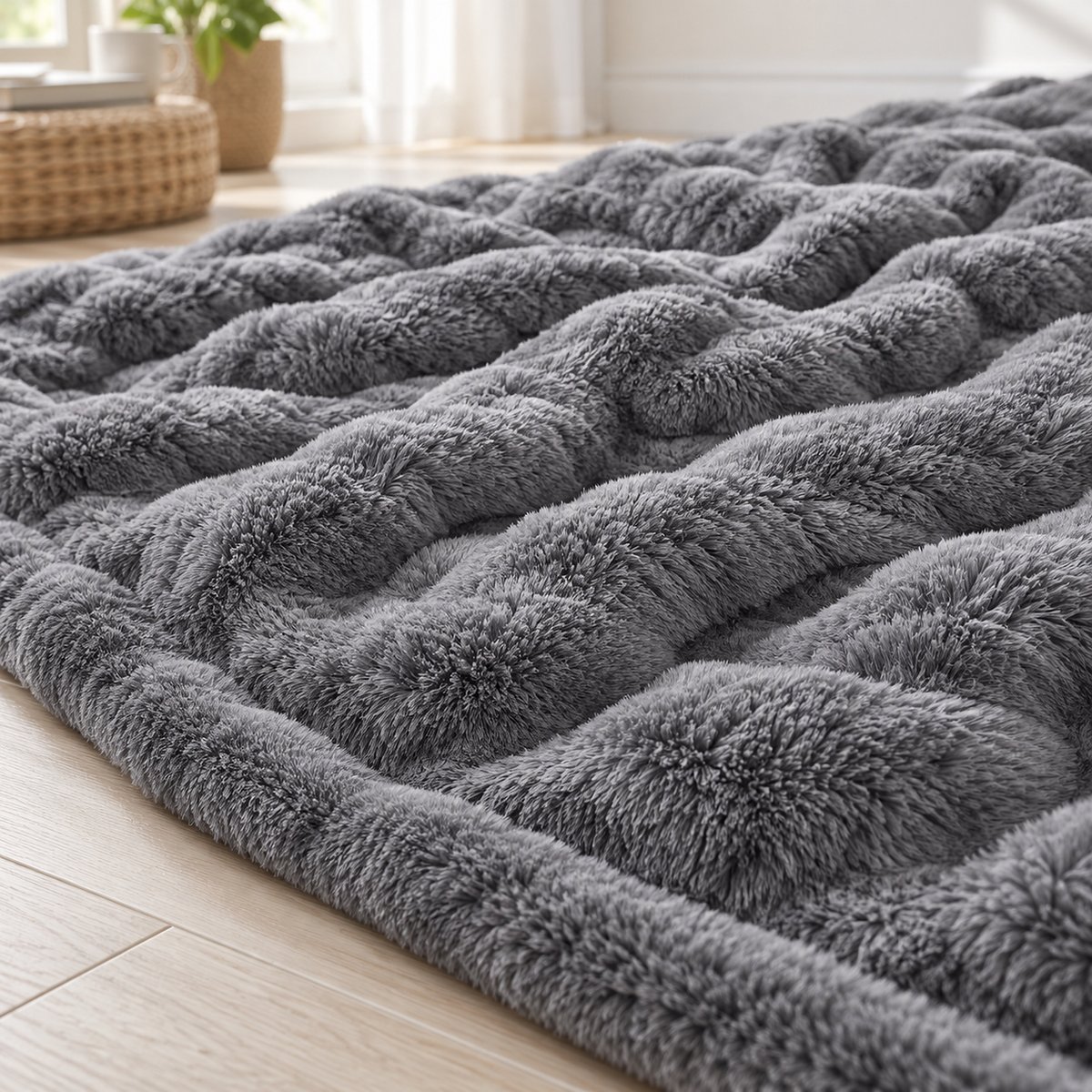 Tesovira coral fleece blanket in gray, plush throw blanket close up of raised stripes and recessed channels