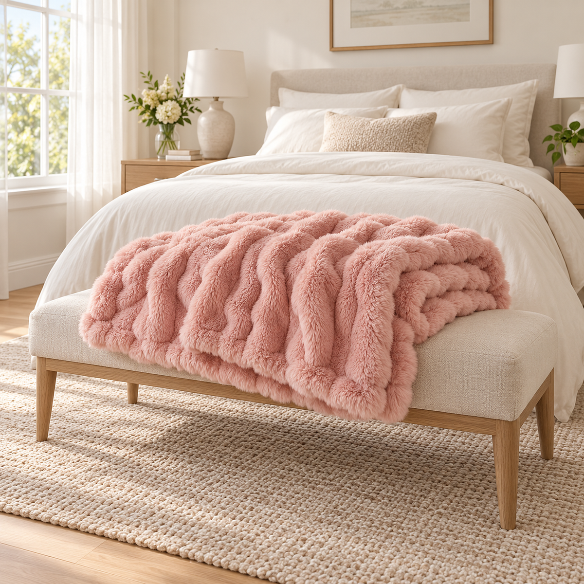 Tesovira coral fleece blanket in pink, a fleece throw blanket loosely folded on an upholstered bedroom bench #color_pink