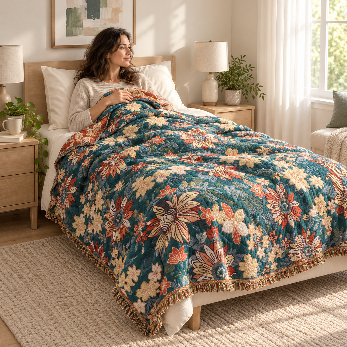 Tevarlo teal and orange queen size blanket covering an adult in bed under a sloping attic ceiling
