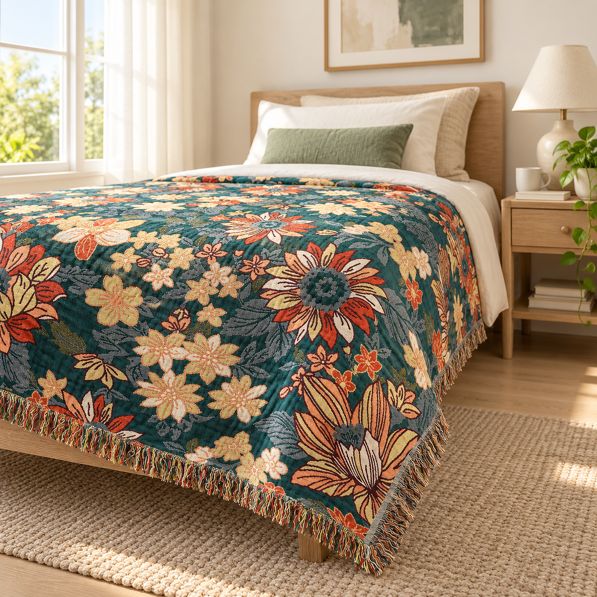 Tevarlo teal and orange queen size blanket draping down the side of a bed with a pale upholstered headboard