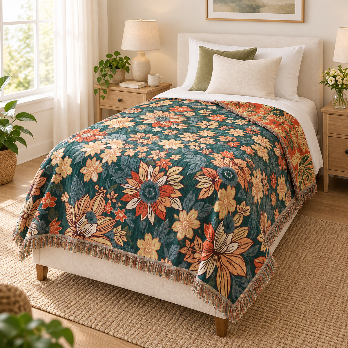 Tevarlo teal and orange queen size blanket with tassel fringe edge hanging down the side of a guest bed