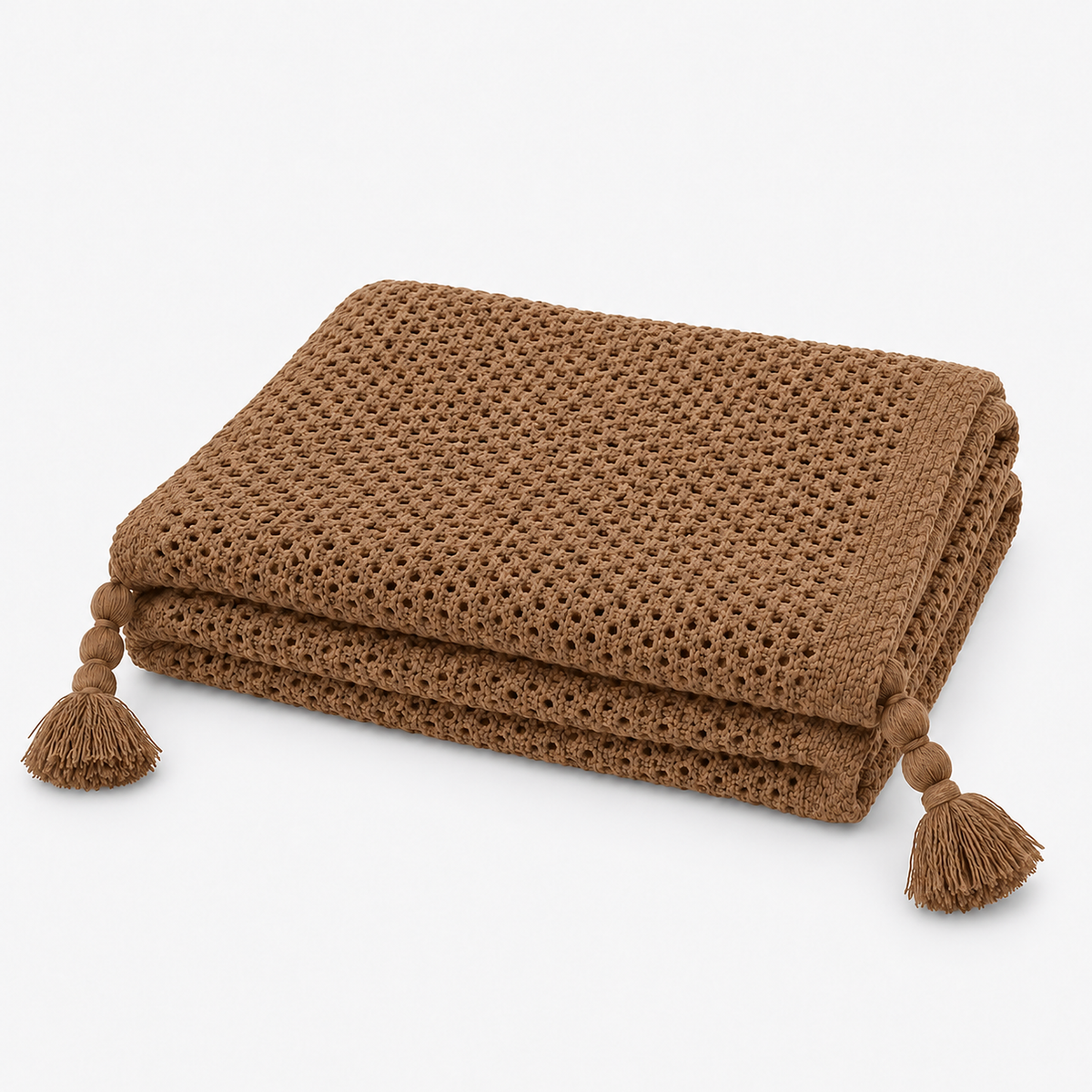 Tevolin brown soft throw blanket loosely folded with large matching yarn tassels #color_brown
