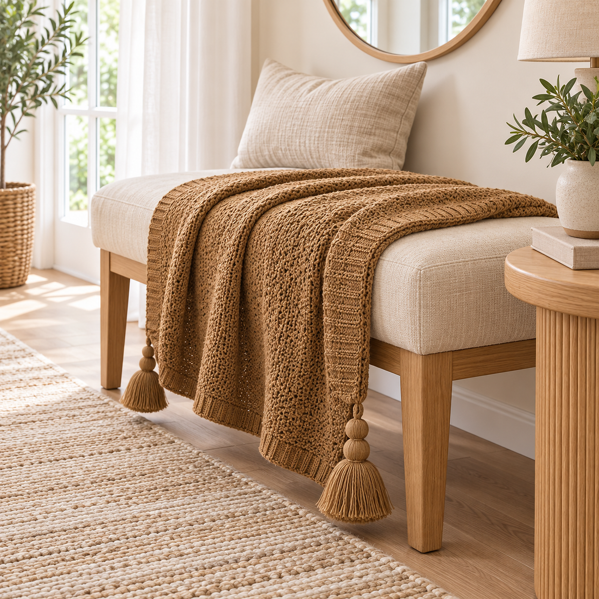 Tevolin brown throw blanket folded over a hallway bench end with the tassels hanging freely #color_brown