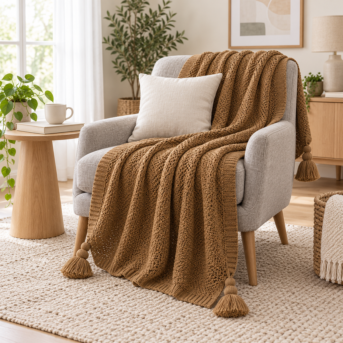 Tevolin brown throw blanket for couch falling naturally over a light gray lounge chair in a white snug #color_brown