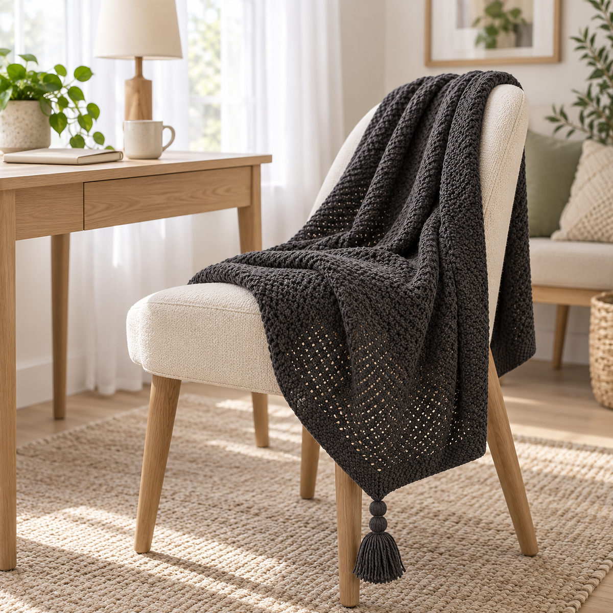 Tevolin gray soft throw blanket corner hanging loose with a large yarn tassel and textured border