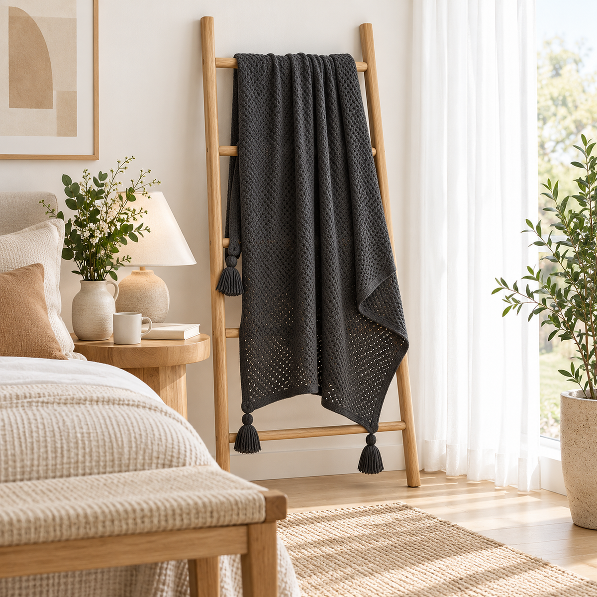 Tevolin gray soft throw blanket hanging open on a wooden blanket ladder in a bright bedroom corner