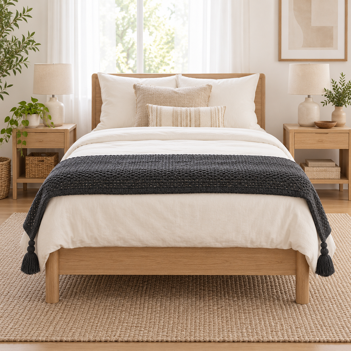 Tevolin gray throw blanket folded across the foot of a twin bed in a guest bedroom
