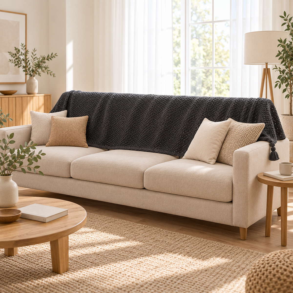 Tevolin gray throw blanket for couch draped lengthwise along a full sofa back in a bright living room