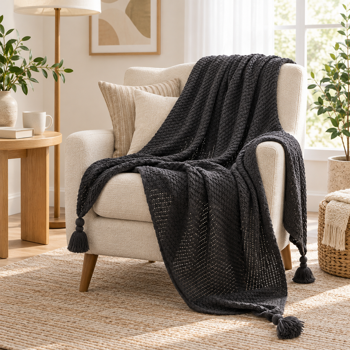 Tevolin gray throw blanket for couch draped open over a furnished reading armchair in a living room bay