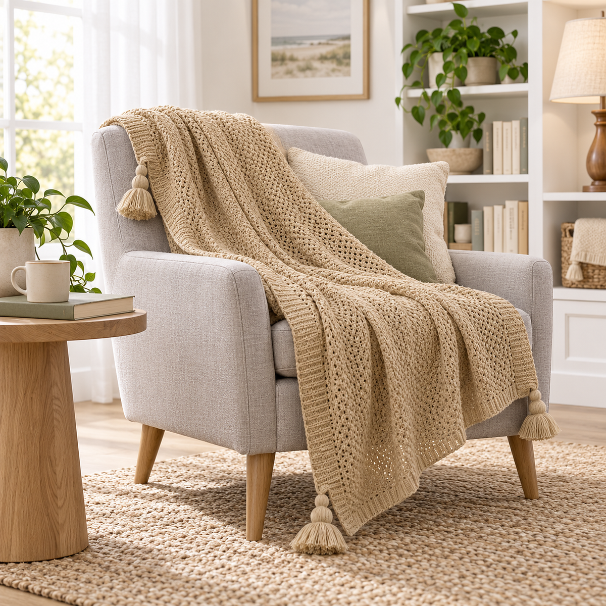 Tevolin khaki throw blanket for couch draped over a light gray library armchair in a bright alcove #color_khaki