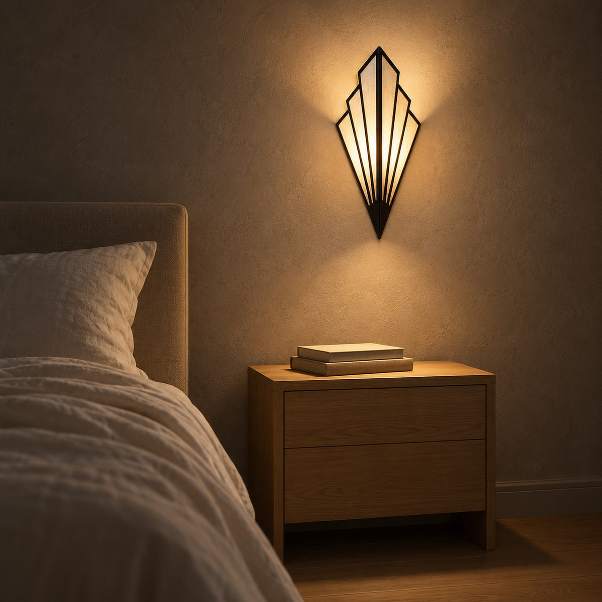 Ticorena black bedside wall light casting warm evening light across a guest bedroom
