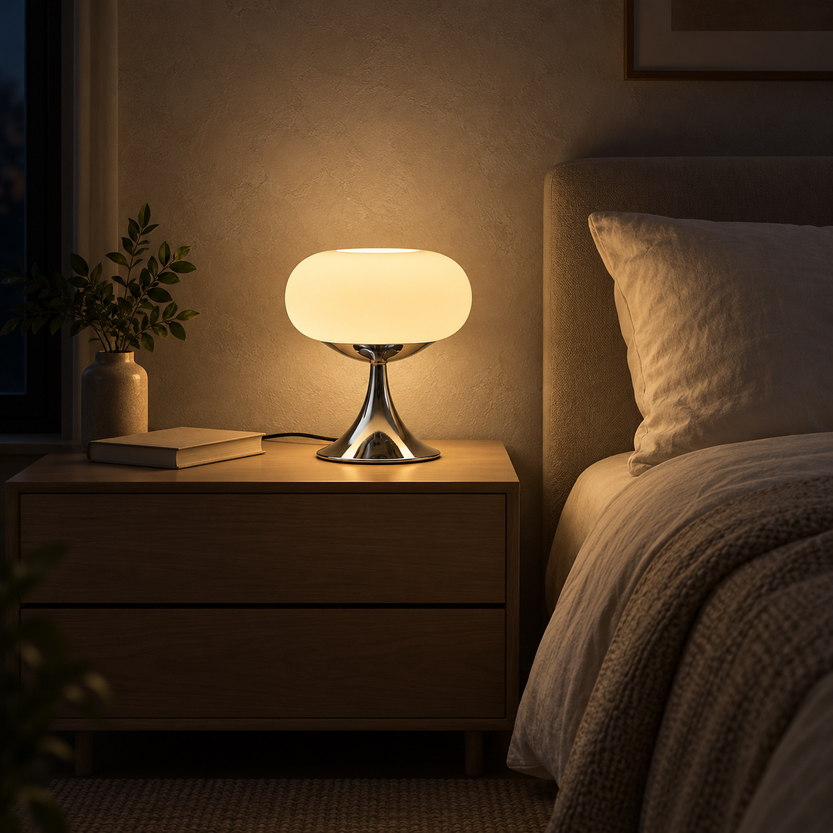 Tilvara bedside lamp in beige lighting a nightstand and soft bedding in a bedroom after dark