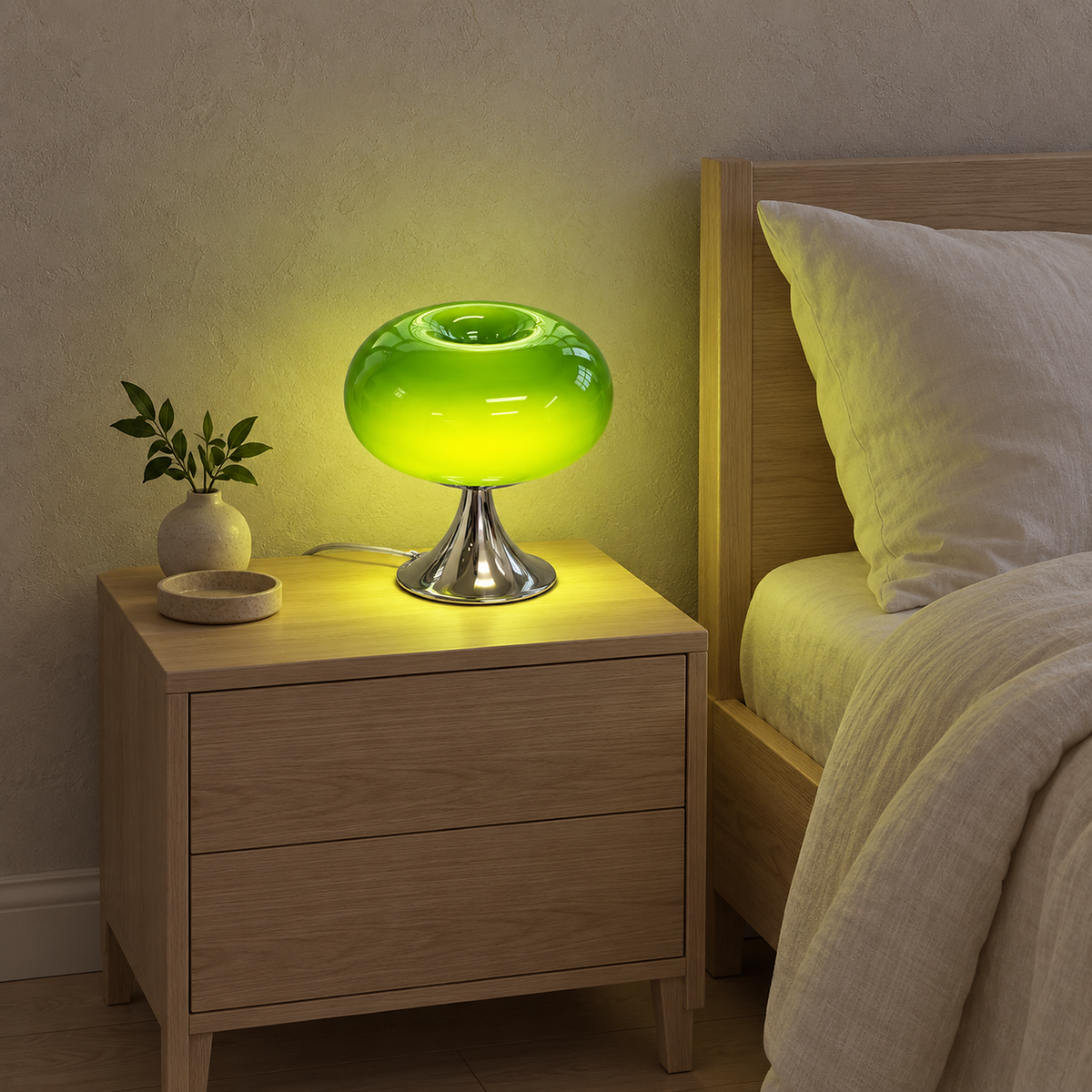 Tilvara bedside lamp in green, the stained glass shade casting colored light beside ivory bedding #color_green