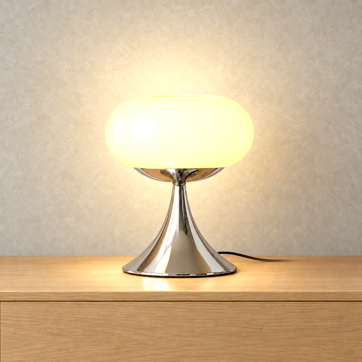 Tilvara stained glass table lamp in beige, lit so the shade glows against greige plaster