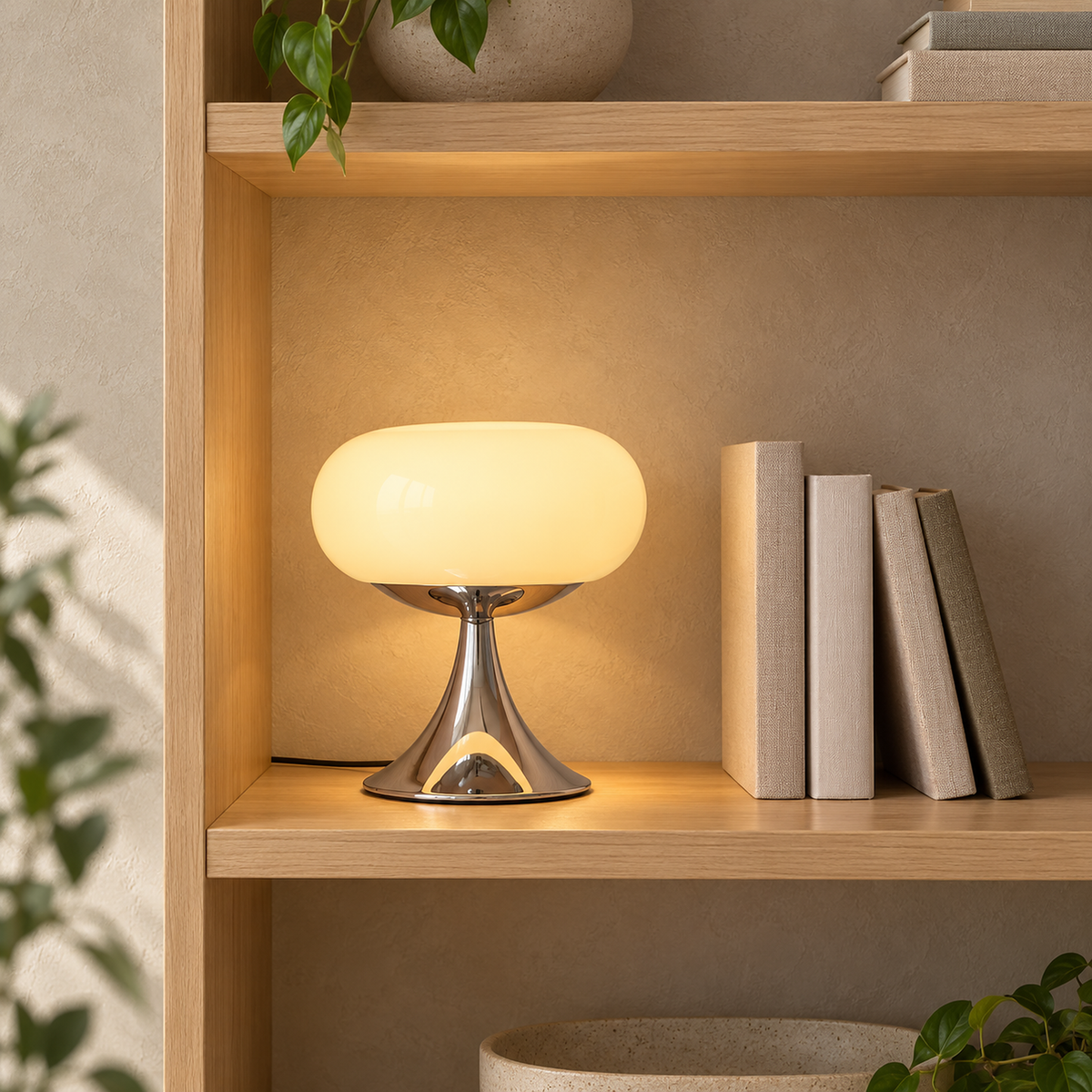 Tilvara table lamp in beige glowing inside a spacious bookshelf in a library nook