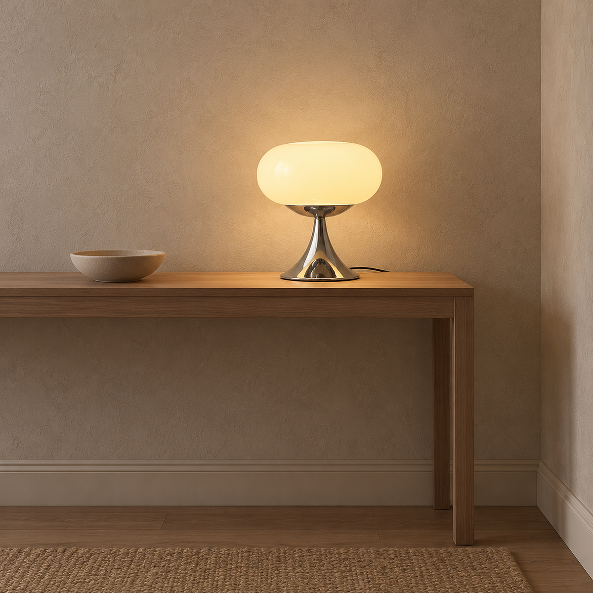 Tilvara table lamp in beige glowing on a narrow console in an entryway