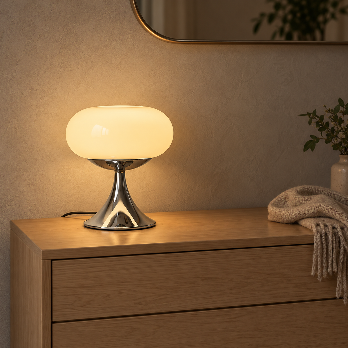 Tilvara table lamp in beige glowing on top of a chest in a dressing room