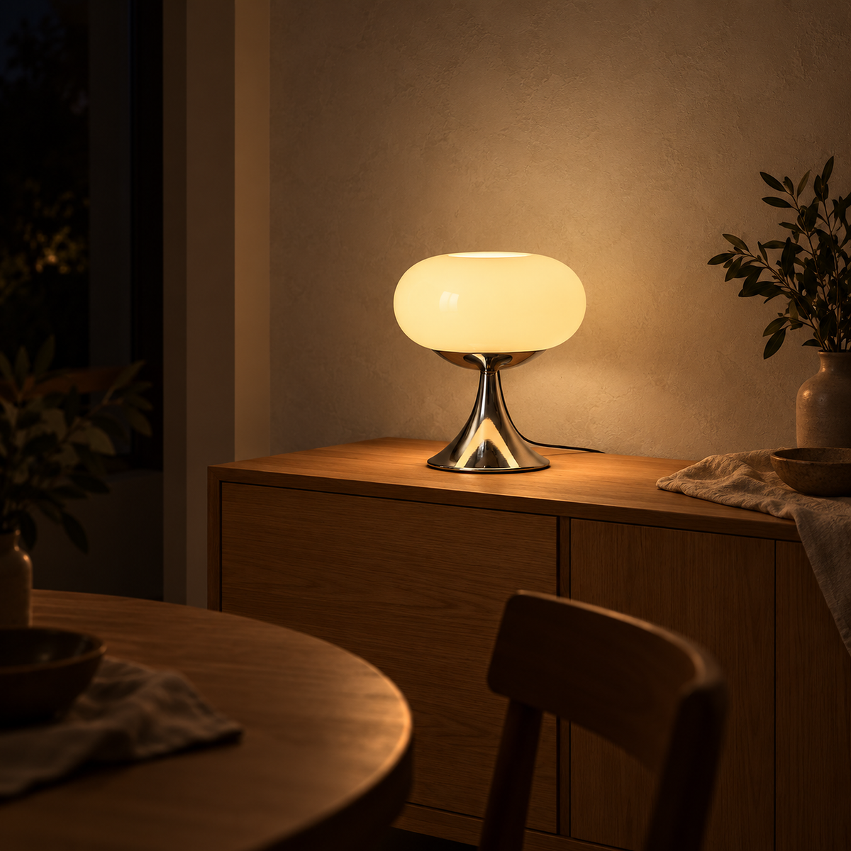 Tilvara table lamp in beige lighting a sideboard in a dining nook after nightfall
