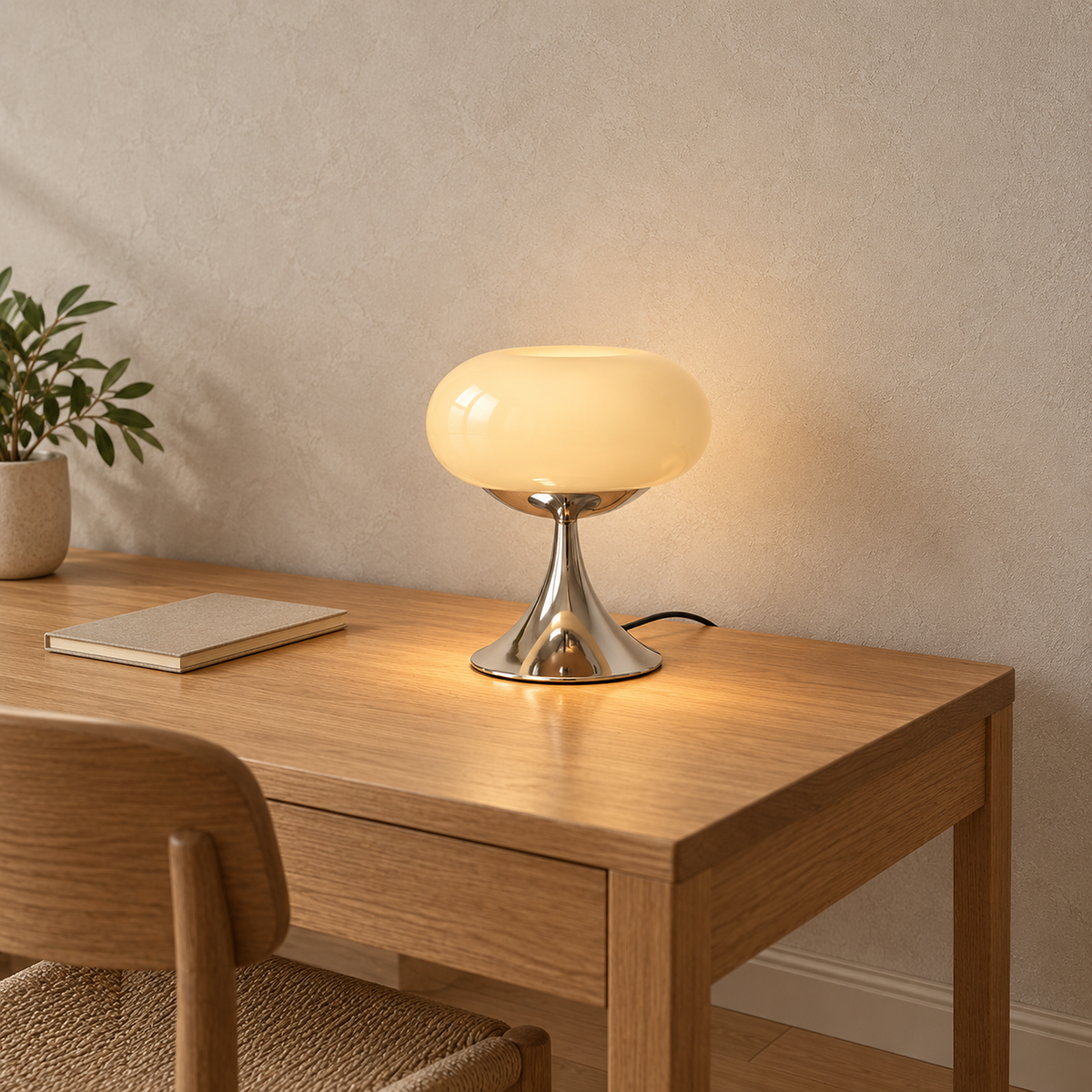 Tilvara table lamp in beige, metal base resting on a desk with the power cord trailing