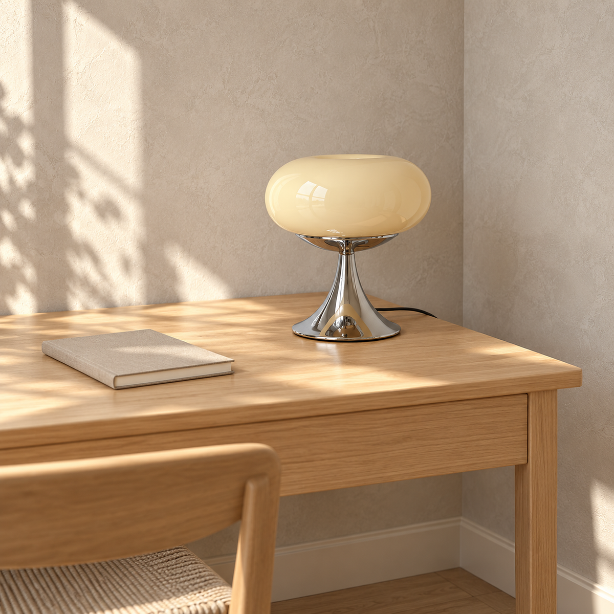 Tilvara table lamp in beige, unlit on a compact sunlit desk corner in a writing nook