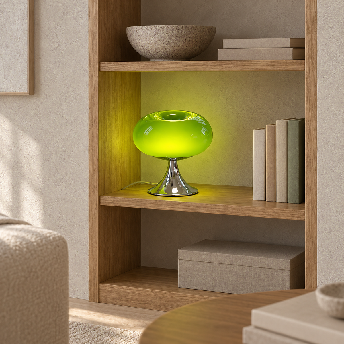 Tilvara table lamp in green glowing beside plain books on shelving in a library nook #color_green