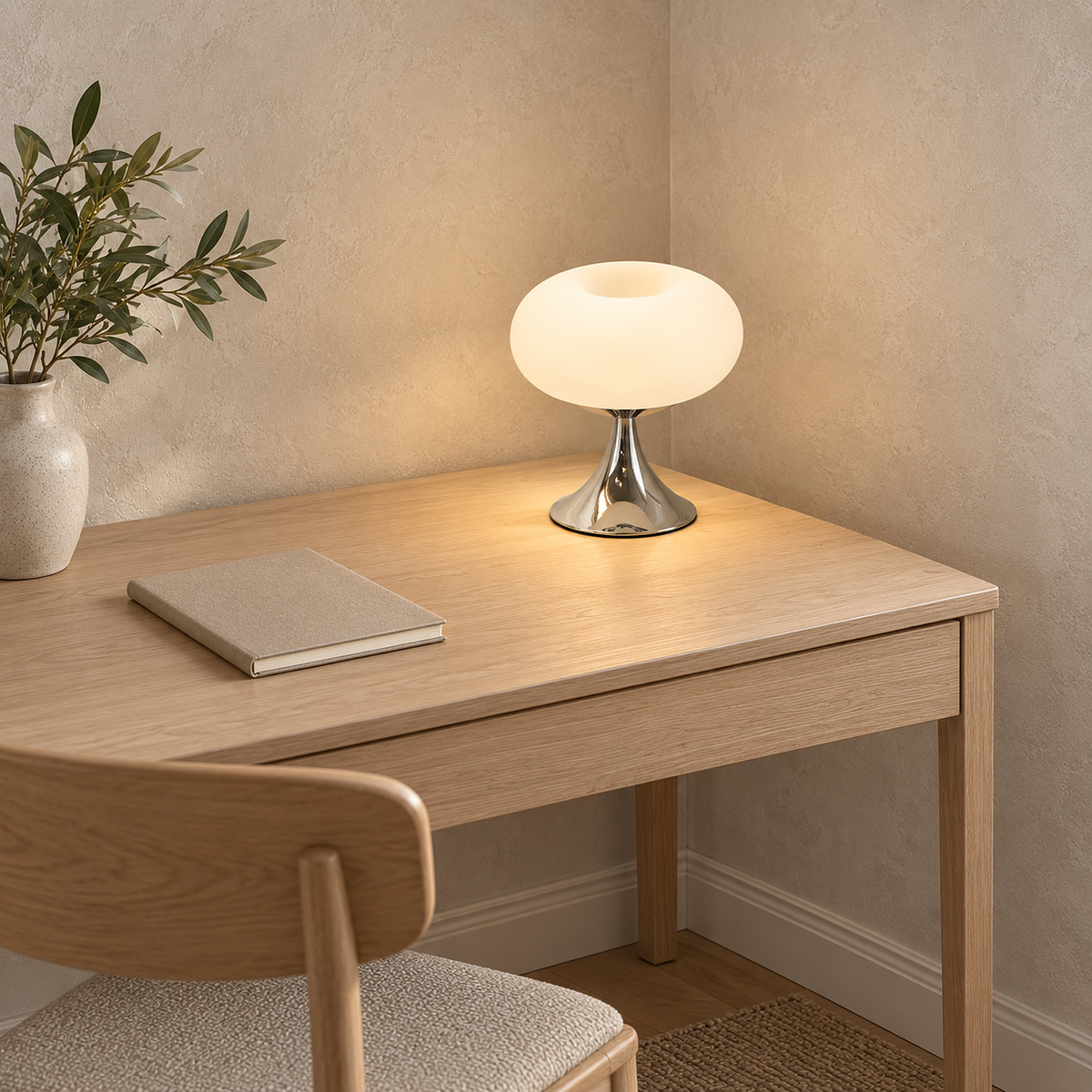 Tilvara table lamp in white glowing in a pale desk corner of a writing nook #color_white