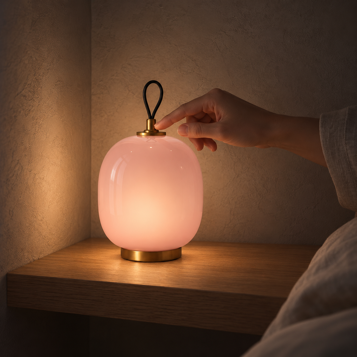 Timarelo cream pink battery operated table lamp giving a low evening glow in a studio sleeping nook