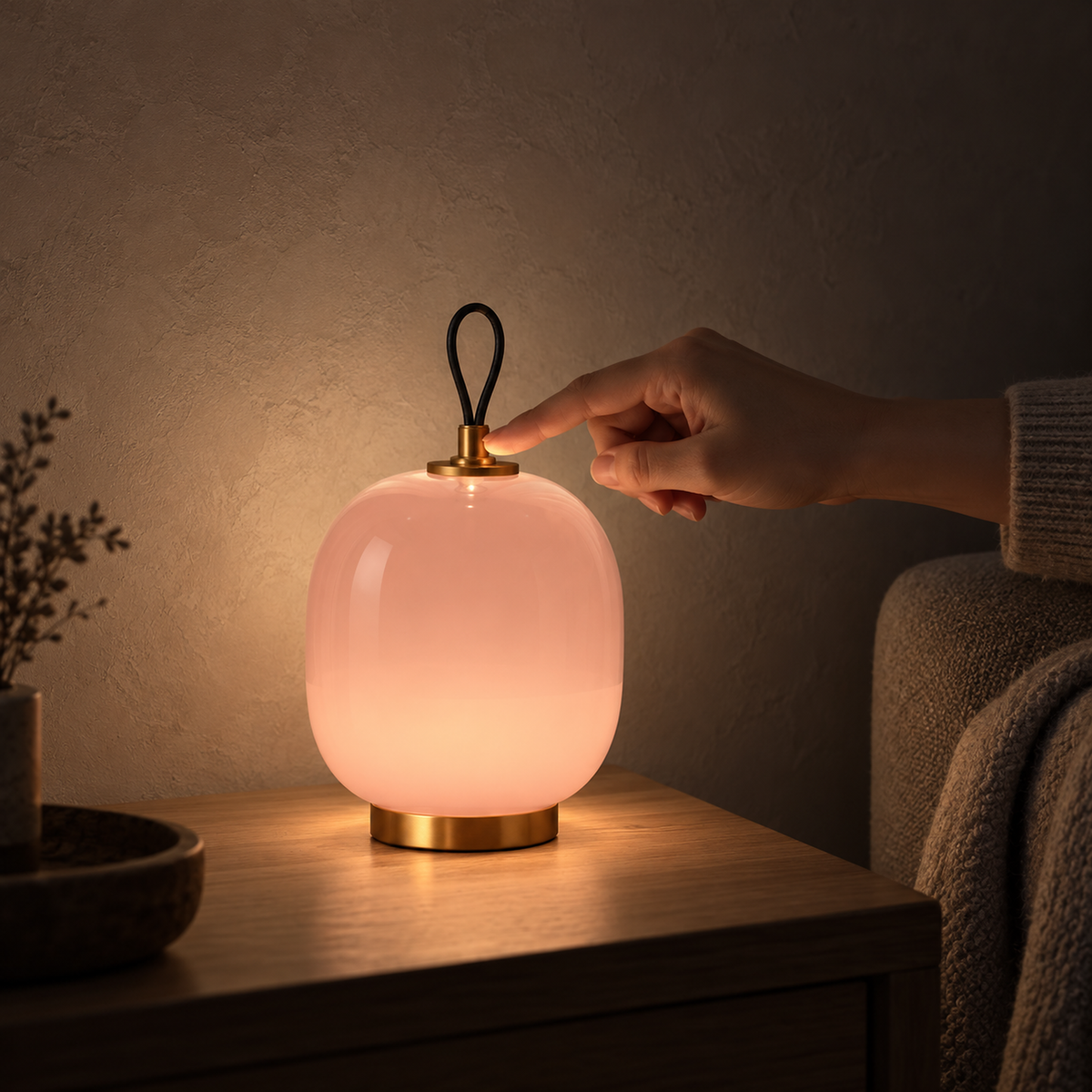 Timarelo cream pink battery operated table lamp glowing softly beside a sofa in a living room at night