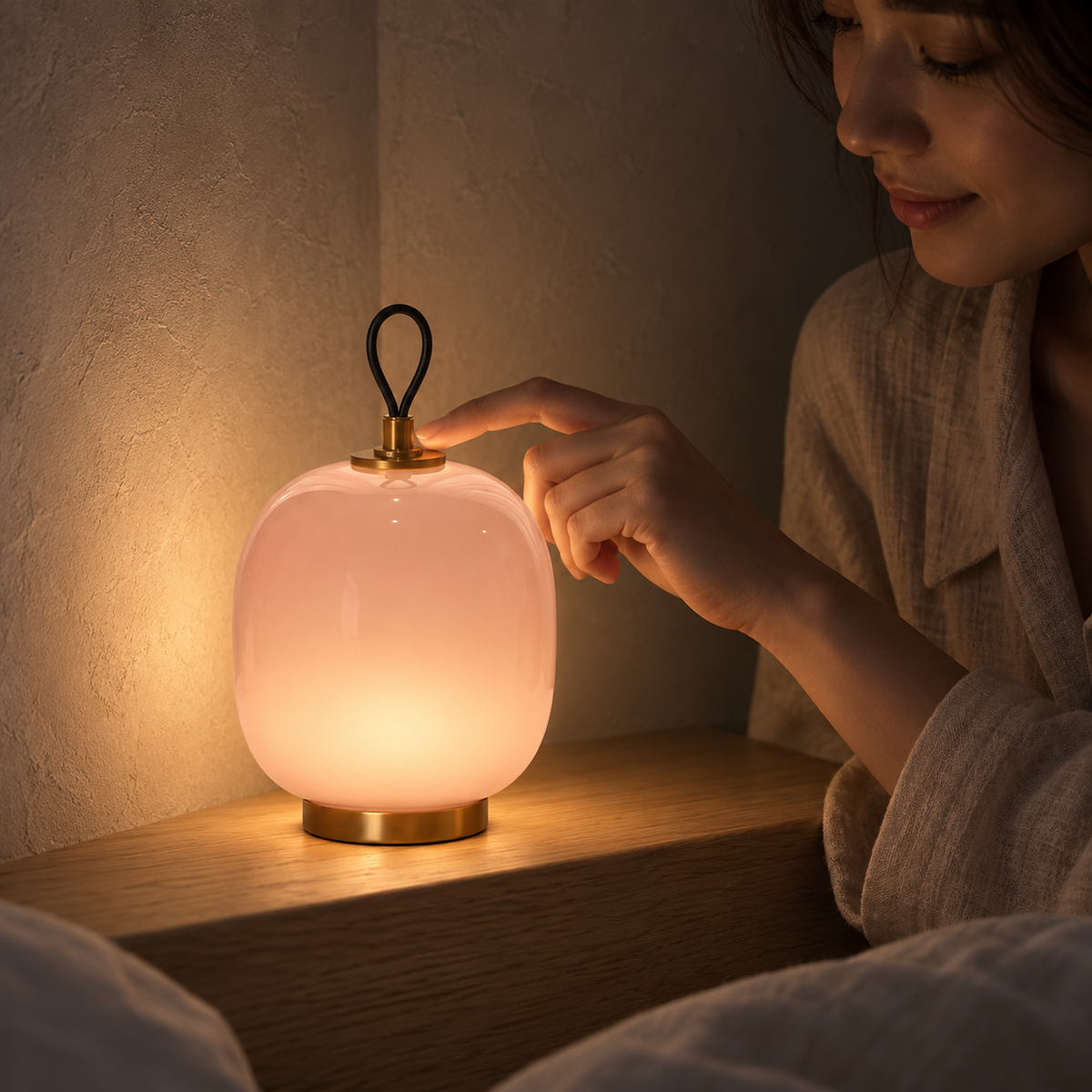 Timarelo cream pink bedside lamp switched on with a gentle touch on top before sleep in a studio nook