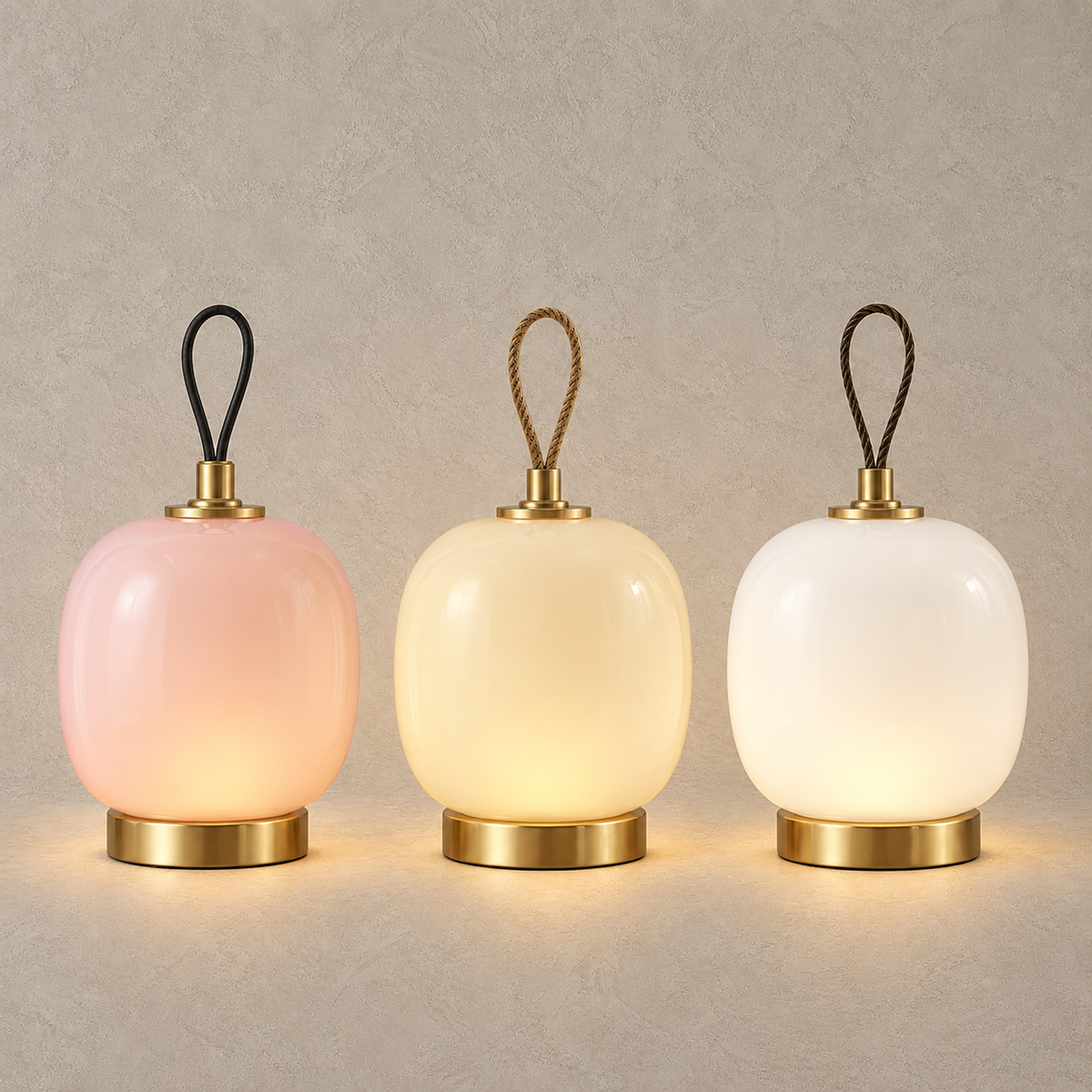 Timarelo cream pink, cream yellow and cream white table lamps glowing together side by side