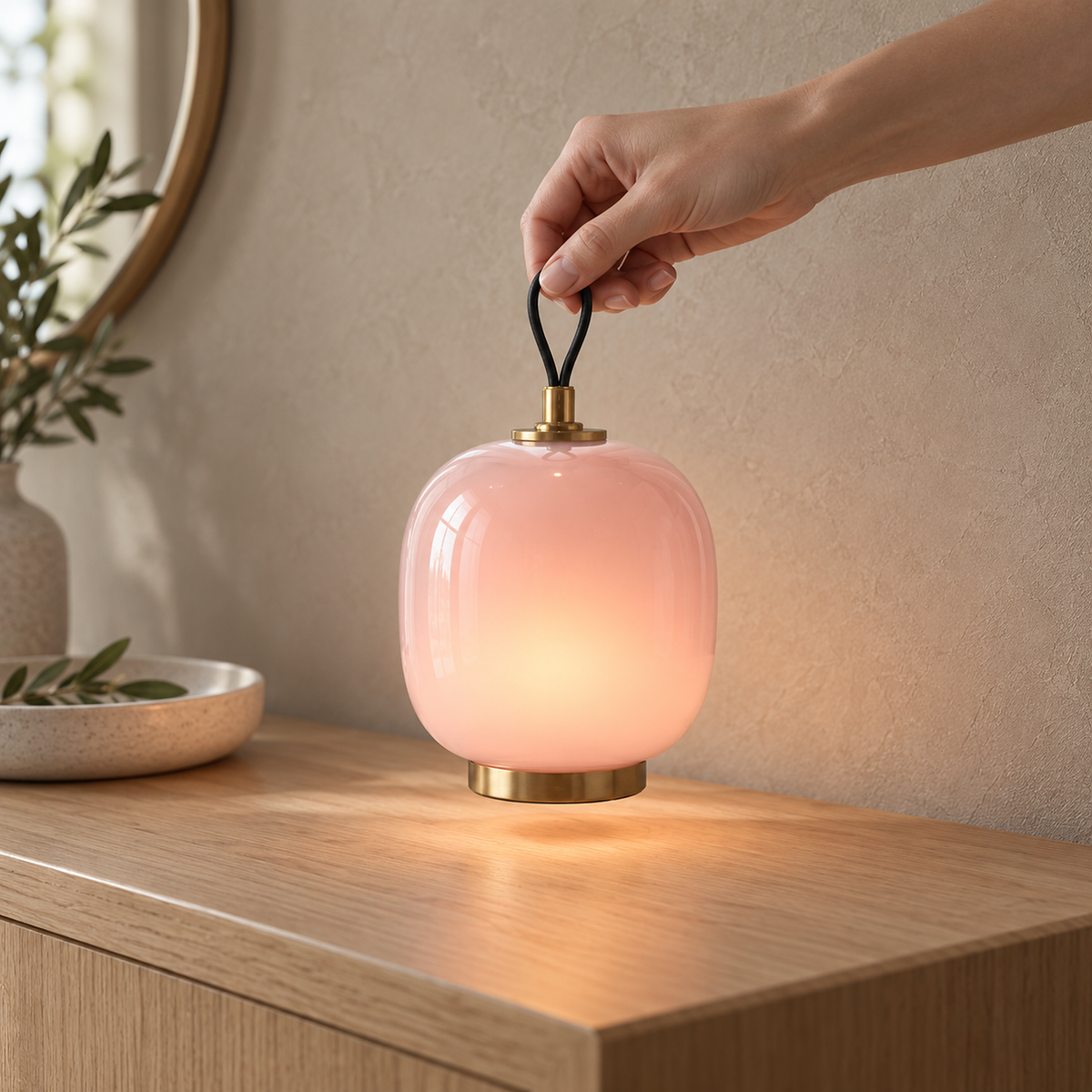 Timarelo cream pink portable table lamp lifted by its carrying loop while lit in an entry hall