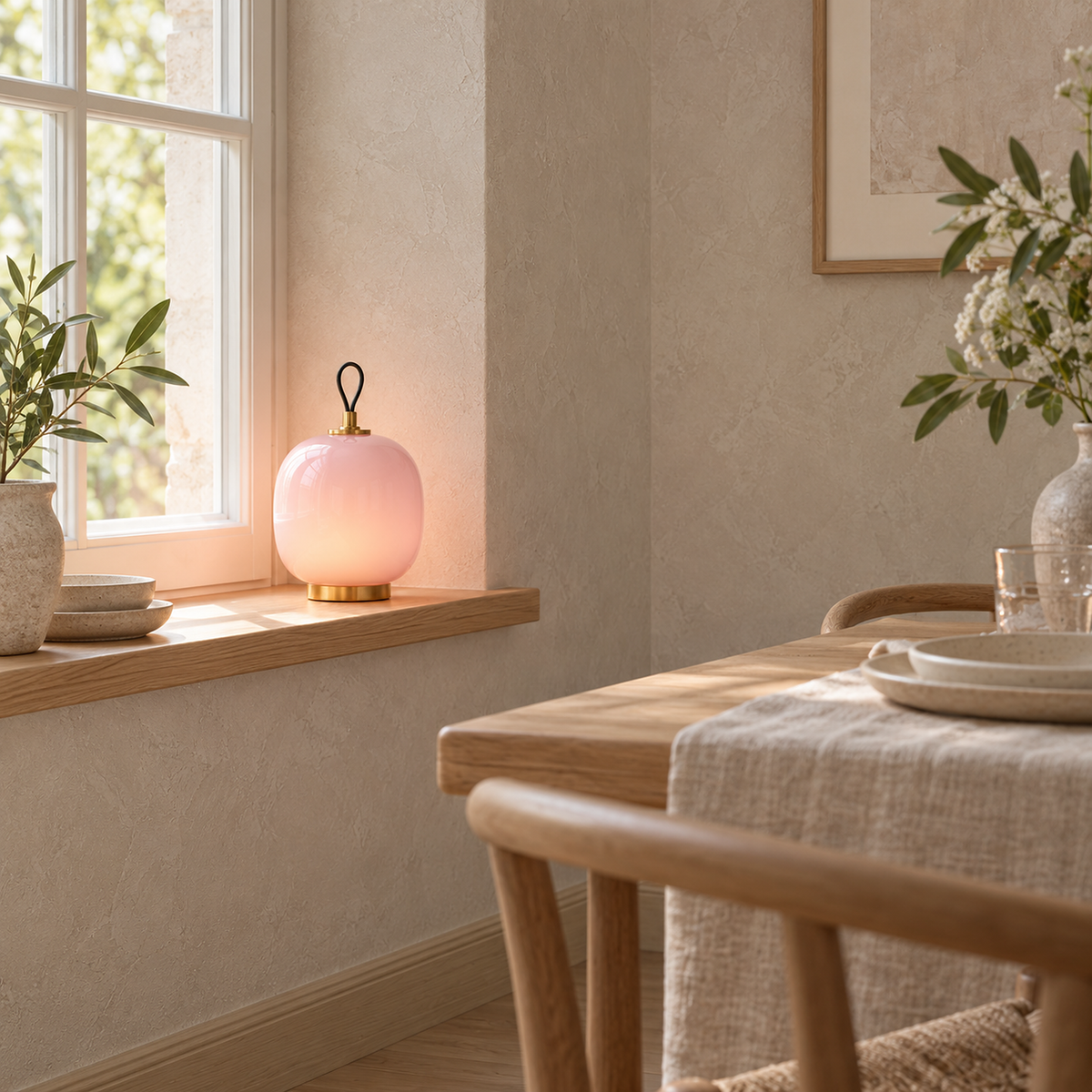 Timarelo cream pink portable table lamp lit on a dining room windowsill, adding a spot of color by day