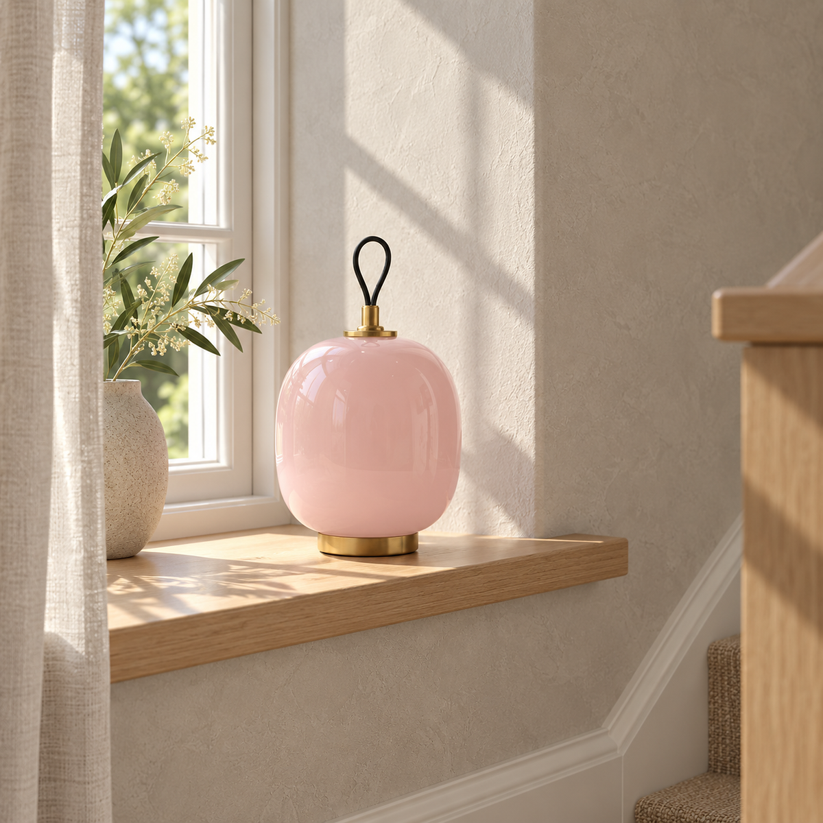 Timarelo cream pink portable table lamp resting unlit on a sunny stair landing windowsill