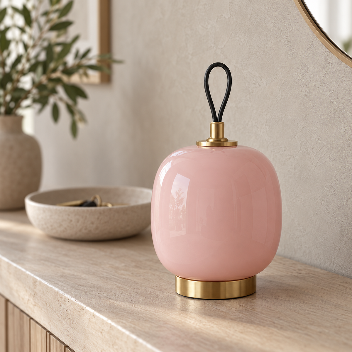 Timarelo cream pink table lamp close up showing the glossy glass and electroplated top fitting