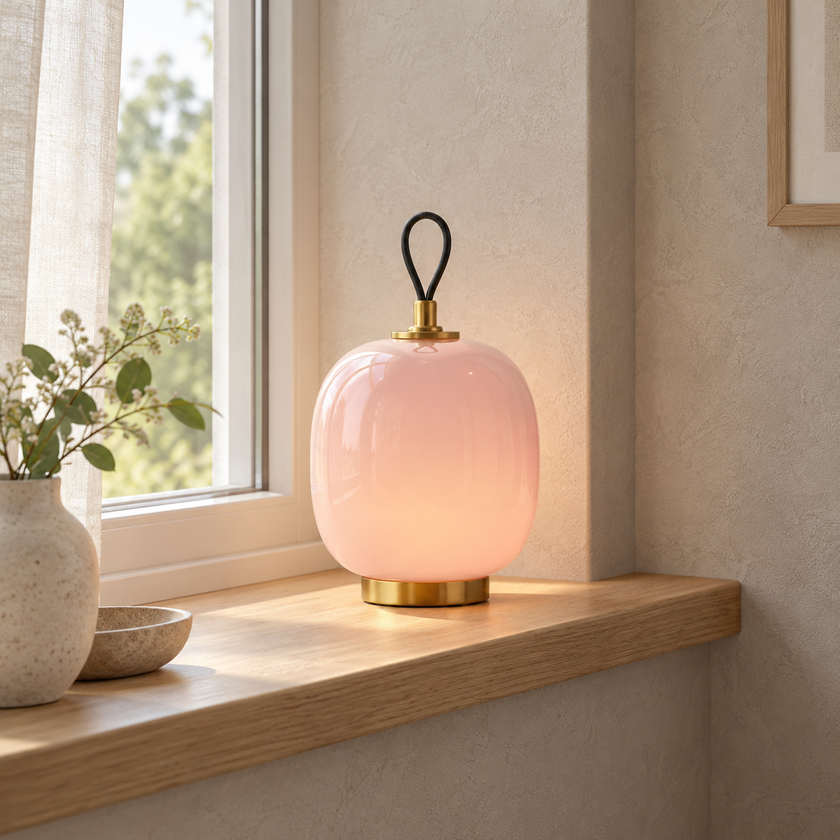 Timarelo cream pink table lamp glowing above its circular gold tone base on a stair landing