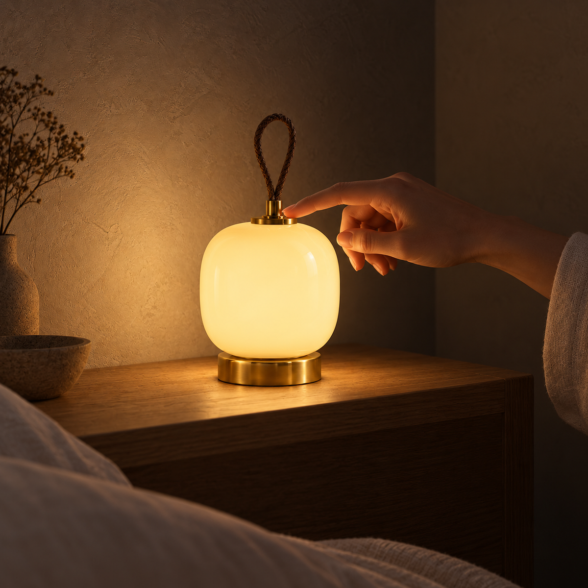 Timarelo cream yellow bedside lamp casting a gentle evening glow in a studio sleeping nook #color_cream yellow