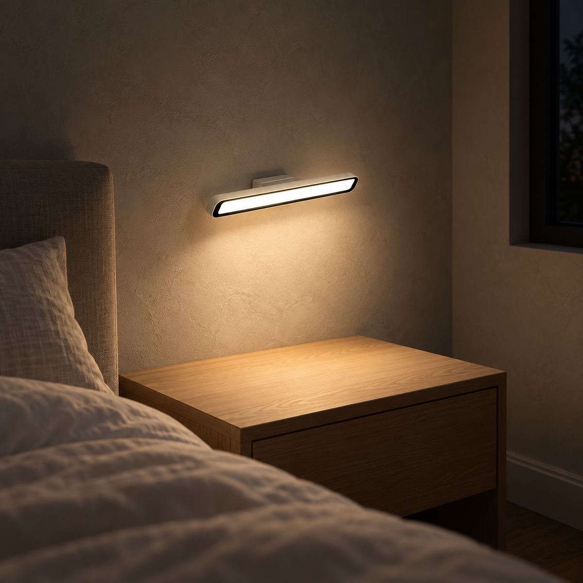 Tirelan white bedside lamp lit on the wall and leaving the bedside surface clear at night