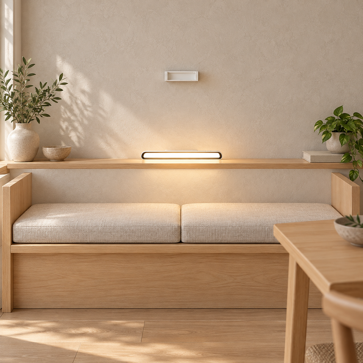 Tirelan white LED wall sconce lit above a built in bench with oatmeal cushions and greige plaster