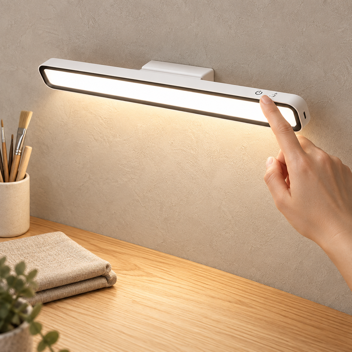 Tirelan white rechargeable wall sconce switched on by a fingertip touch in a craft room