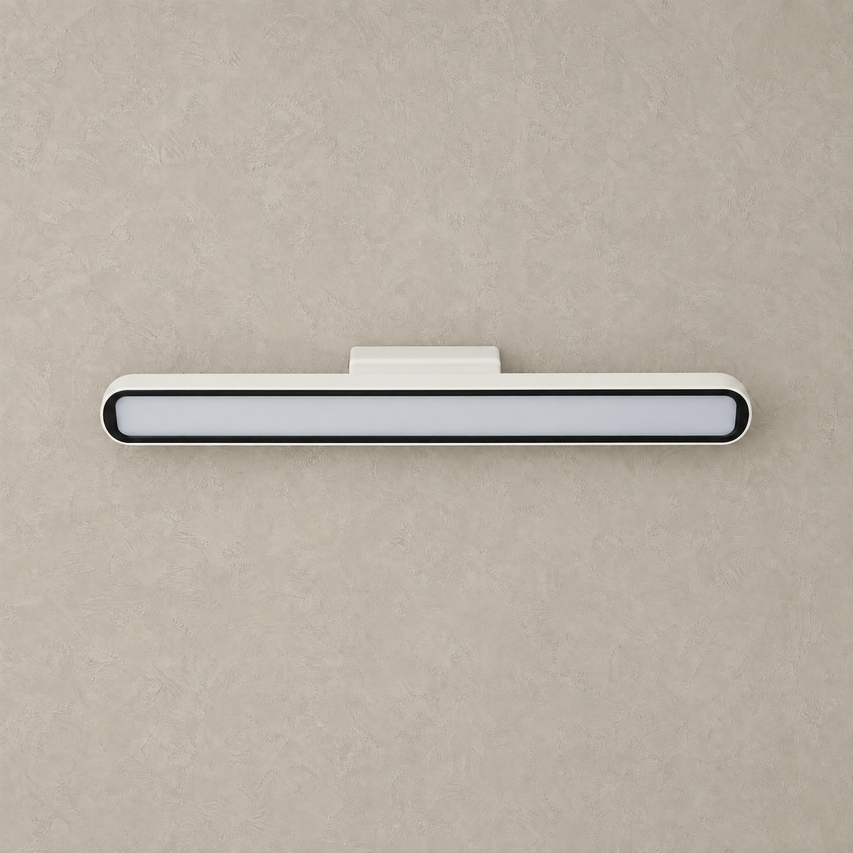 Tirelan white rechargeable wall sconce unlit on a plain plaster wall showing its slim linear body