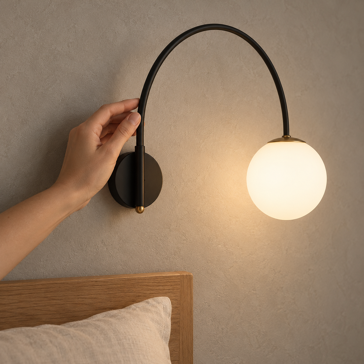 Tirsalo black and white plug in wall sconce, detail of the circular wall plate and lower arm