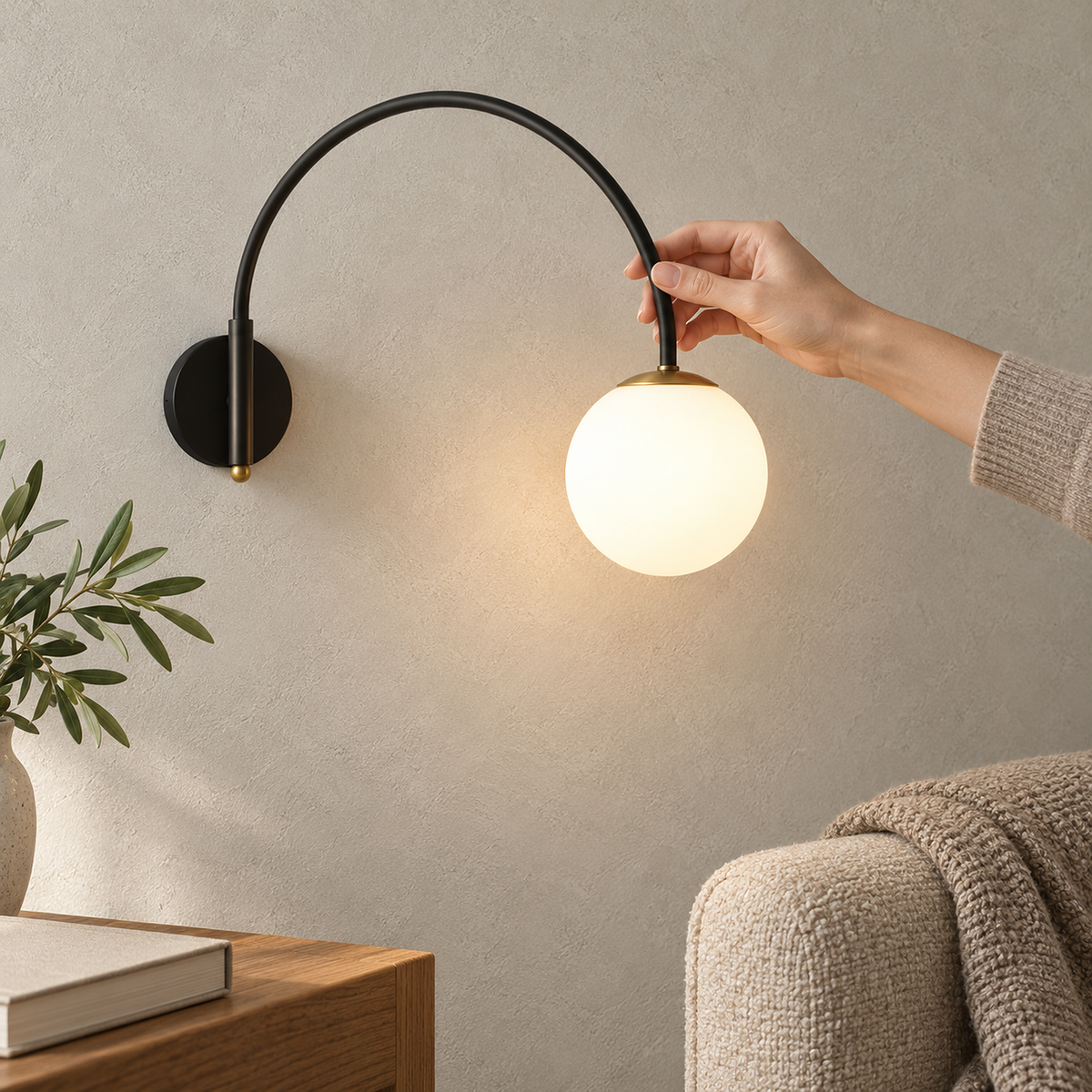 Tirsalo black and white wall lamp with adjustable arm turned toward a reading chair