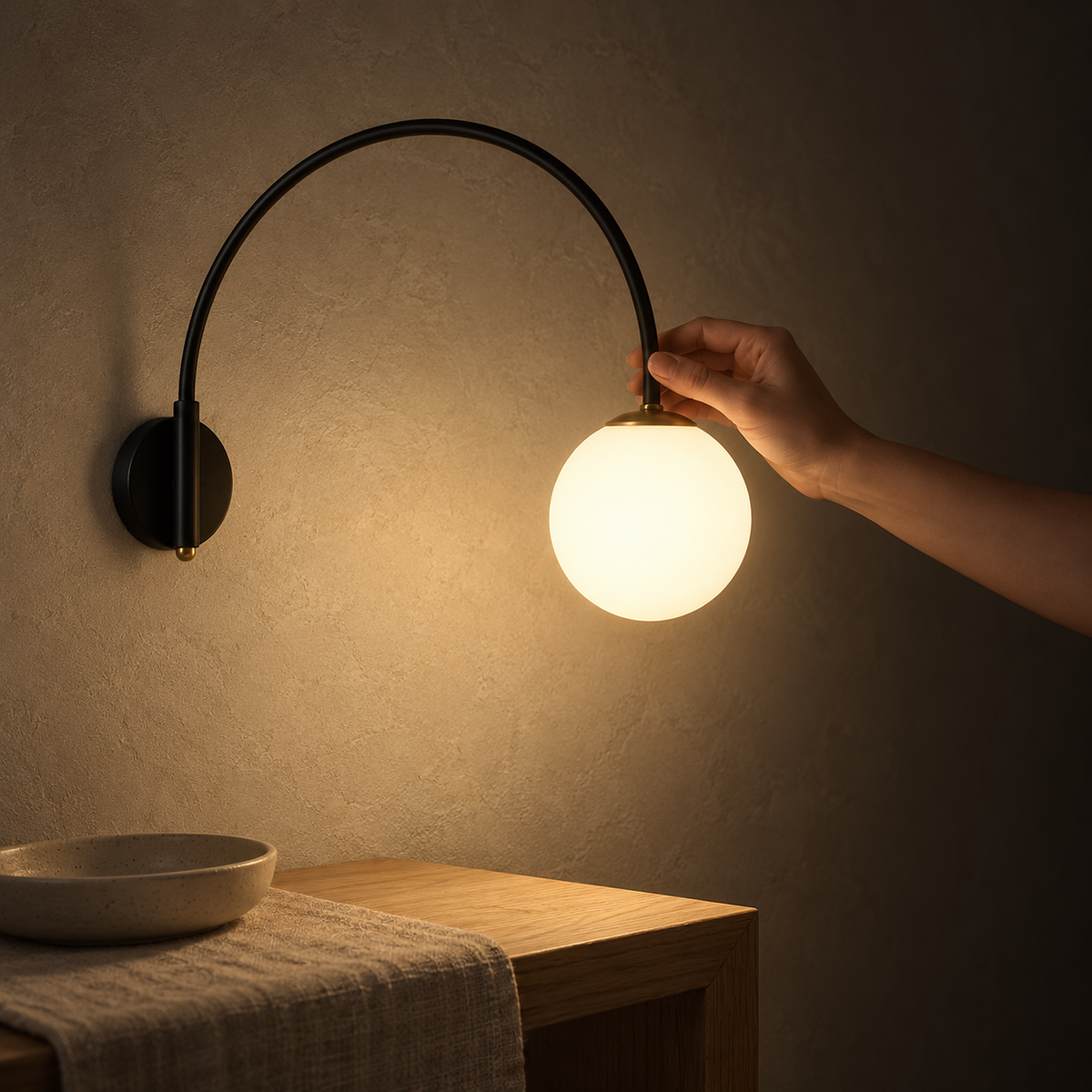 Tirsalo black arched wall light with a glowing white globe and gold tone accents above a wooden table