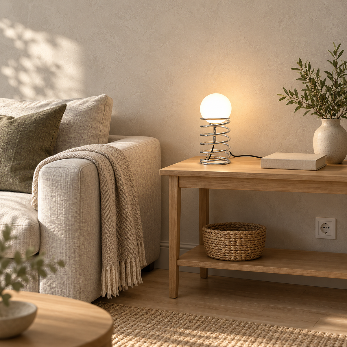 Tirvalo silver bedside lamp glowing beside an oatmeal sofa in a bright living room