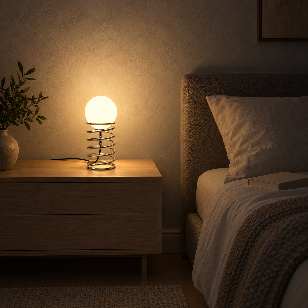 Tirvalo silver bedside lamp lighting plaster walls in a bedroom after nightfall
