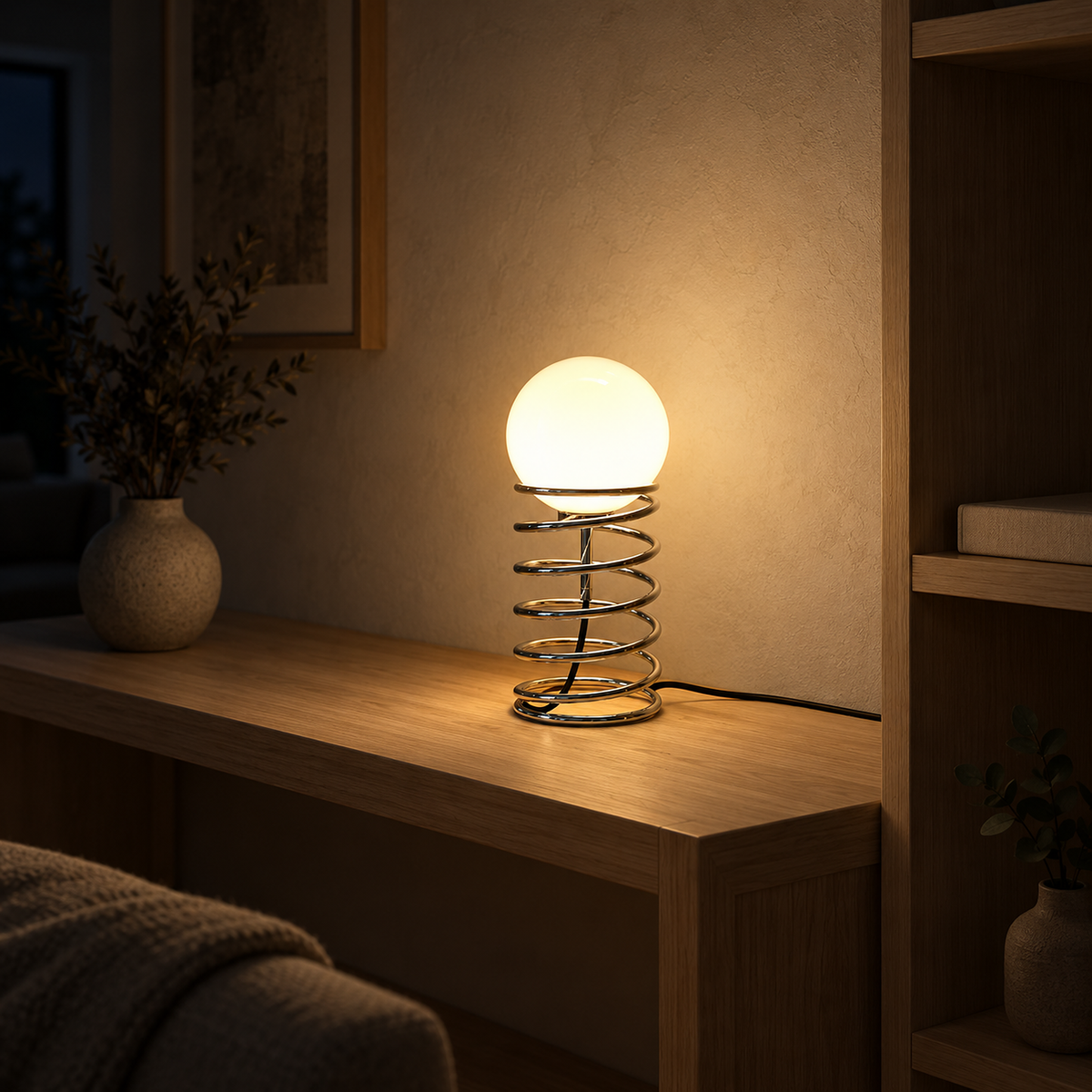 Tirvalo silver bedside lamp with a frosted glass globe lit in a library at night